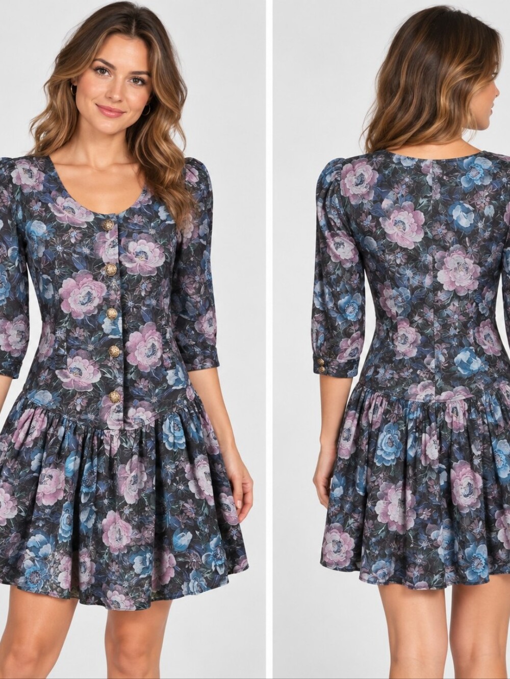 Vintage 80s Jodi Michaels Black Purple Blue Contrast Floral Dress Size 7 Small